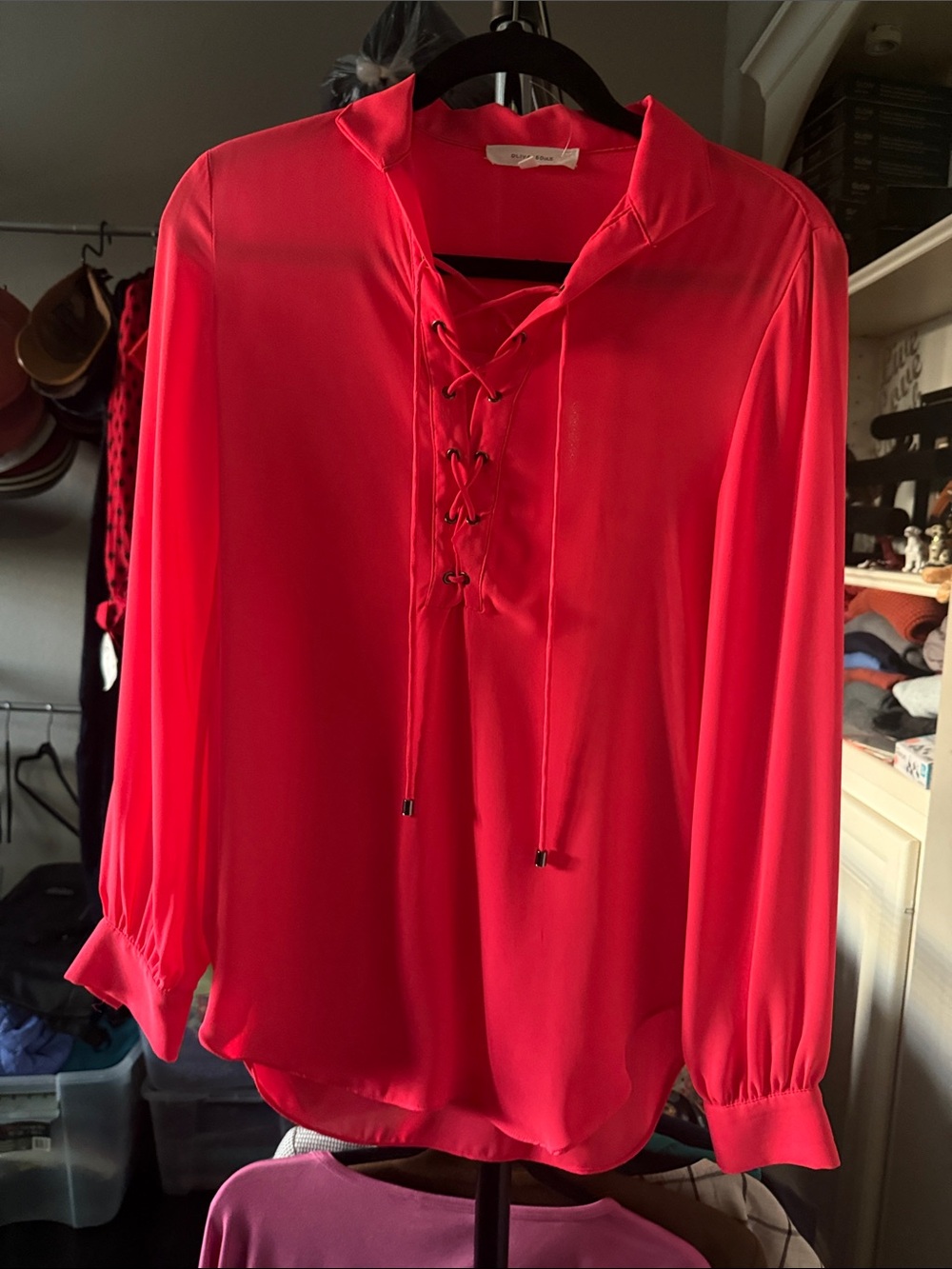 Olivaceous Hot Pink Lace-Up Long Sleeve Blouse